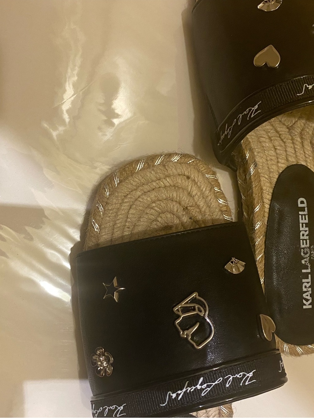 Karl Lagerfeld Black Slide Sandals with Gold Charm Accents - Picture 2 of 3